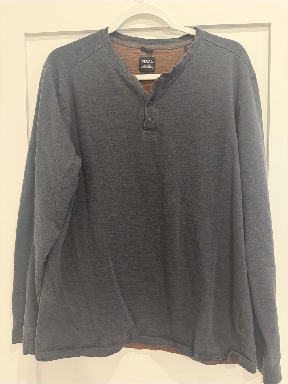 Prana Men's Long Sleeve Henley - Navy Blue & Brown Size XL